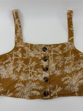 American Eagle Crop Top Yellow Tropical Linen Blend Button Front Boho, L S181